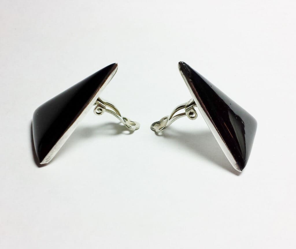 Vintage Triangle Black Onyx Mexican Silver 925 Earrings - Gold 