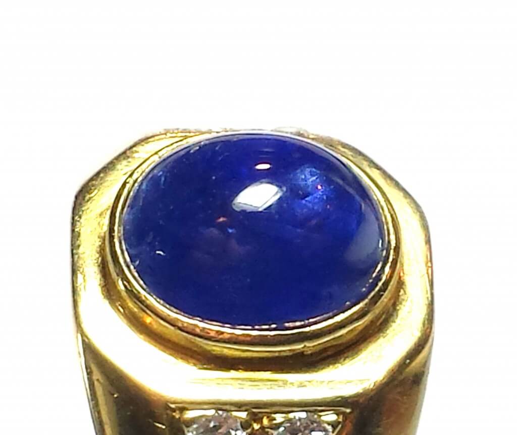 Blue Sapphire Cabochon and Diamond 18KTYG Ring - Gold Crown Jewelry