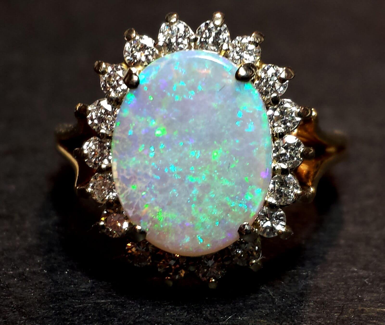 (N4) Oval Opal and Diamond Cocktail 14KTYG Ring - Gold Crown Jewelry