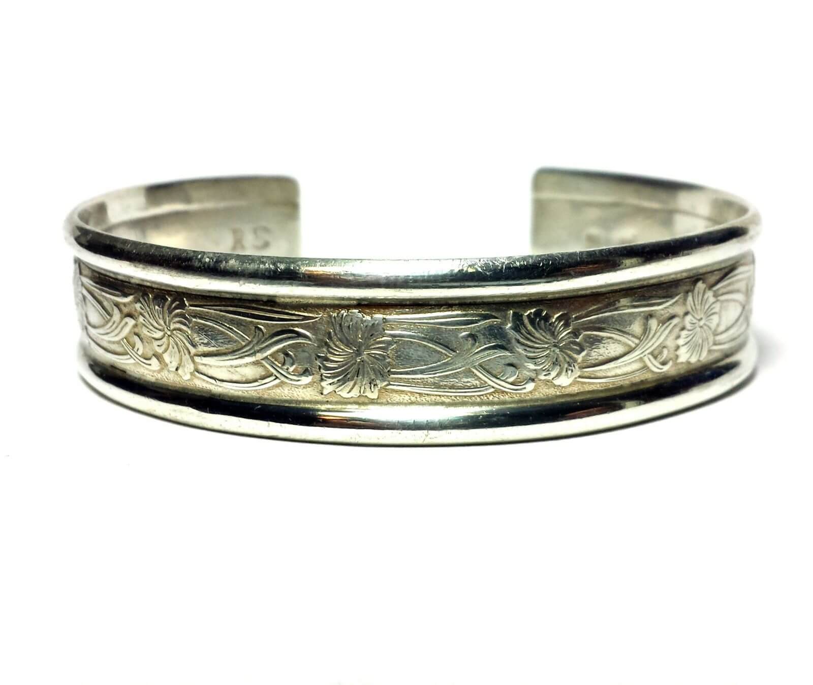 Estate Hand Carved Floral RS 925 Silver Cuff Bracelet - Gold Crown Jewelry